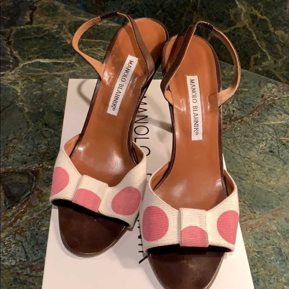 Manolo Blahnik open toe canvas heel